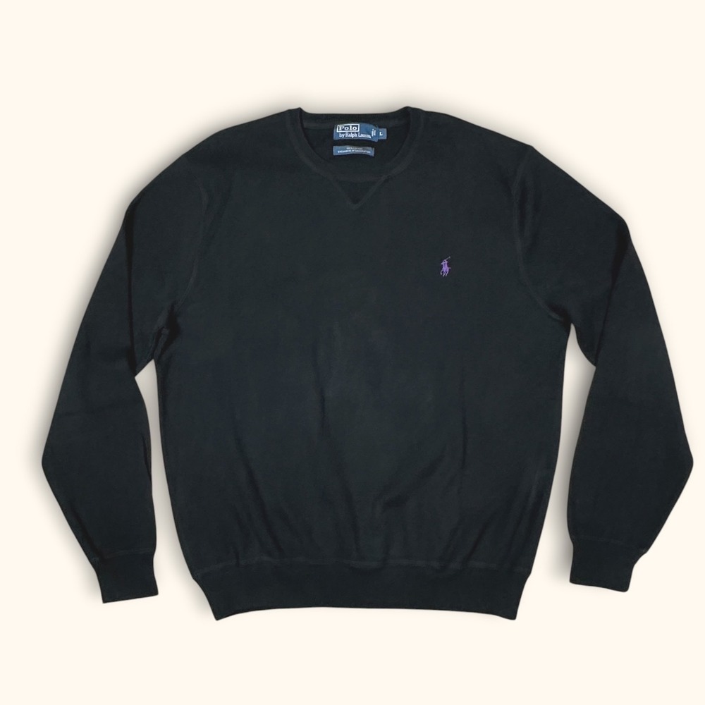 Polo Ralph Lauren Mens Black Cotton Crew Neck Sweater Purple Pony Logo Large